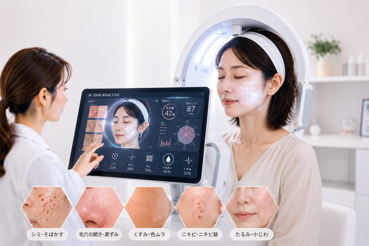 AI肌診断を受ける女性